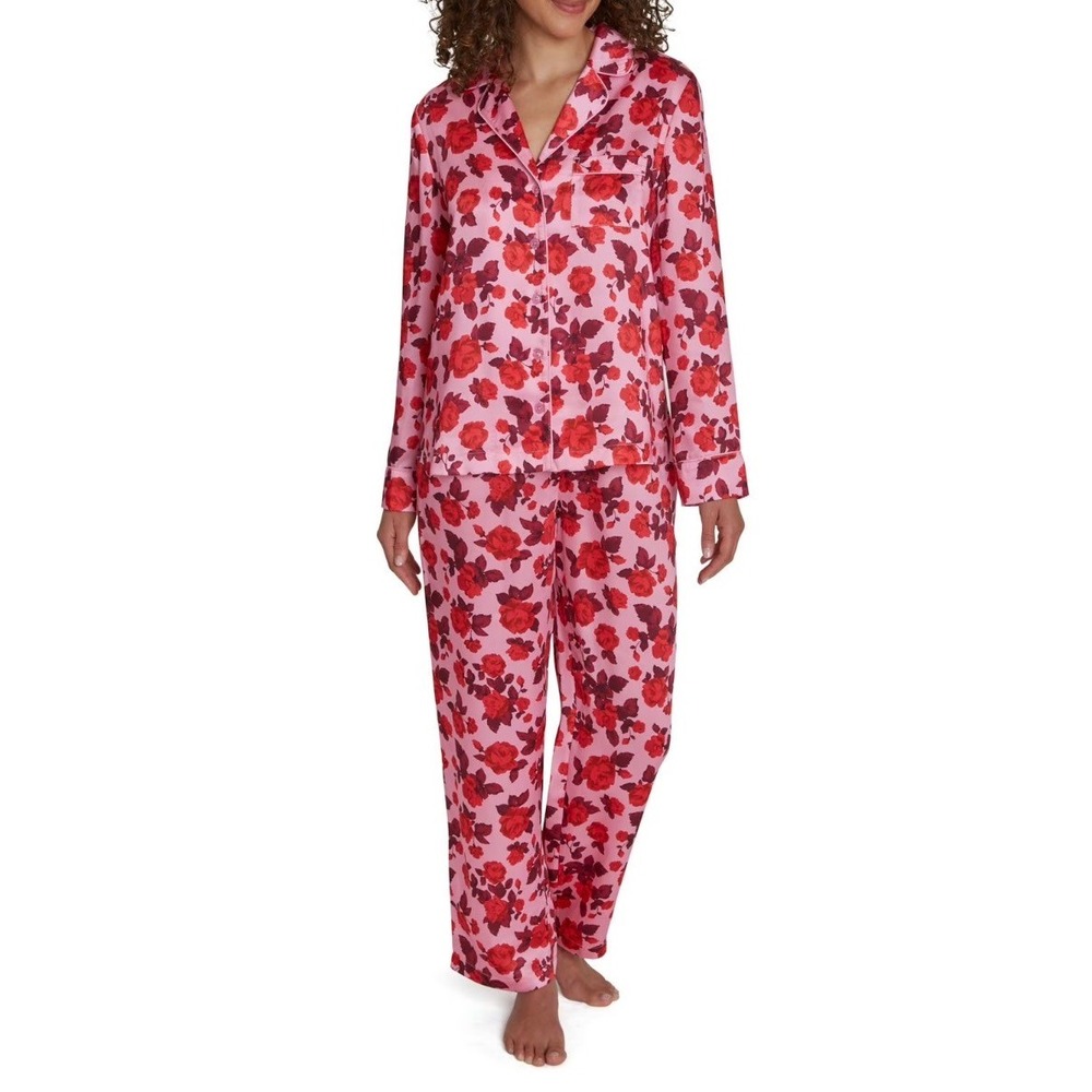 Loft Sleep Womens Pink Red Floral Pajama Set Long Sleeve Button Up Pants Medium